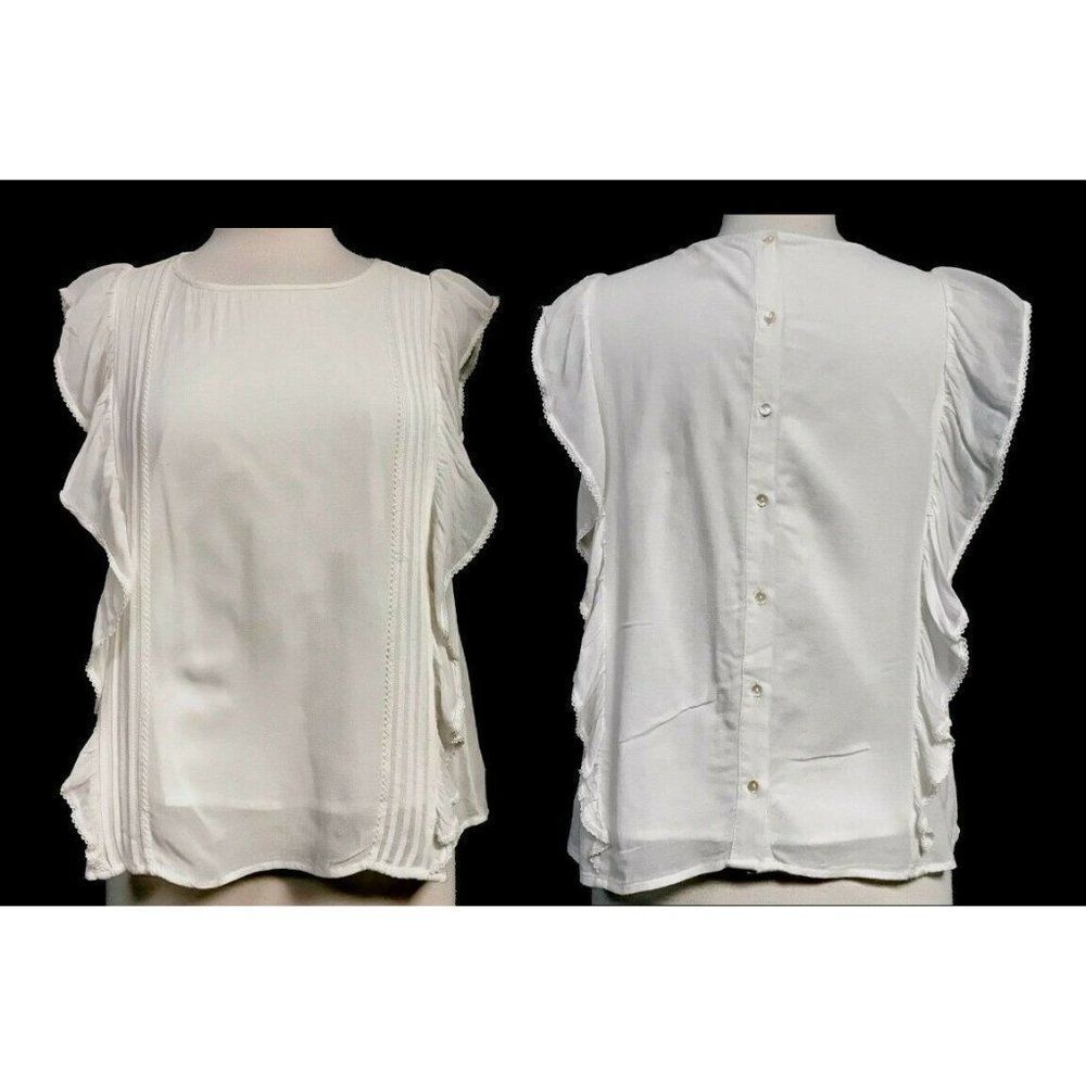 Vera Moda White Ruffled Pintucked Lined Back Buttoned Cap Sleeve Blouse M NEW